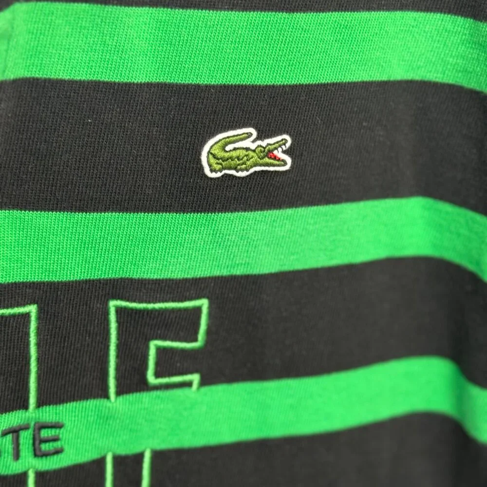 Lacoste Relaxed Fit Striped Rugby Shirt – Black & Green “GOLF” Logo XS 34